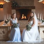Bridal party in front of the fire | Journey to the Centre of the Earth | modern ethereal winter styled bridal shoot by Hanami Dream | agate | marble | airplants | tulle | pale blue | gold | Oxleaze Barn | Gloucestershire | October 2017 | Photography by Squib Photography www.squibphotography.co.uk