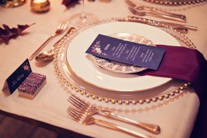 Place setting | Menu by Paper Tree Design | Cutlery & Crockery by Vintage Gold China | Wind in the Willows | marsala & gold | autumnal | Old Swan & Minster Mill | Witney | October 2016 | Photography by Farrow Photography www.farrowphotography.co.uk