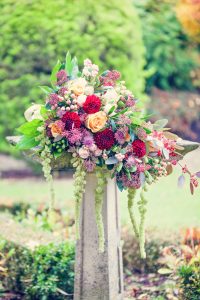 Bouquet on plinth | Classic Flowers | Wind in the Willows | marsala & gold | autumnal | Old Swan & Minster Mill | Witney | October 2016 | Photography by Farrow Photography www.farrowphotography.co.uk