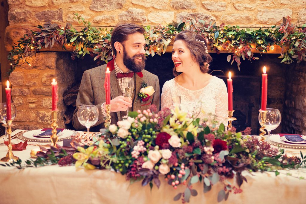 Couple at banquet in grand hall | Wind in the Willows | marsala & gold | autumnal | Old Swan & Minster Mill | Witney | October 2016 | Photography by Farrow Photography www.farrowphotography.co.uk