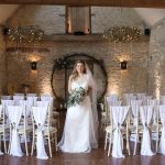 Bride in front of moongate in the aisle | Journey to the Centre of the Earth | modern ethereal winter styled bridal shoot by Hanami Dream | agate | marble | airplants | tulle | pale blue | gold | Oxleaze Barn | Gloucestershire | October 2017 | Photography by Squib Photography www.squibphotography.co.uk