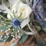 Close up of thistle in bouquet | Journey to the Centre of the Earth | modern ethereal winter styled bridal shoot by Hanami Dream | agate | marble | airplants | tulle | pale blue | gold | Oxleaze Barn | Gloucestershire | October 2017 | Photography by Squib Photography www.squibphotography.co.uk