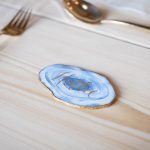 Agate shard placename | Journey to the Centre of the Earth | modern ethereal winter styled bridal shoot by Hanami Dream | agate | marble | airplants | tulle | pale blue | gold | Oxleaze Barn | Gloucestershire | October 2017 | Photography by Squib Photography www.squibphotography.co.uk