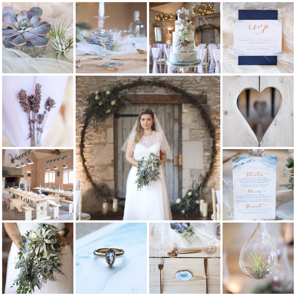 Hanami Dream | inspiration | mood board | Journey to the Centre of the Earth | modern ethereal winter styled bridal shoot by Hanami Dream | agate | marble | airplants | tulle | pale blue | gold | Oxleaze Barn | Gloucestershire | October 2017 | Photography by Squib Photography www.squibphotography.co.uk